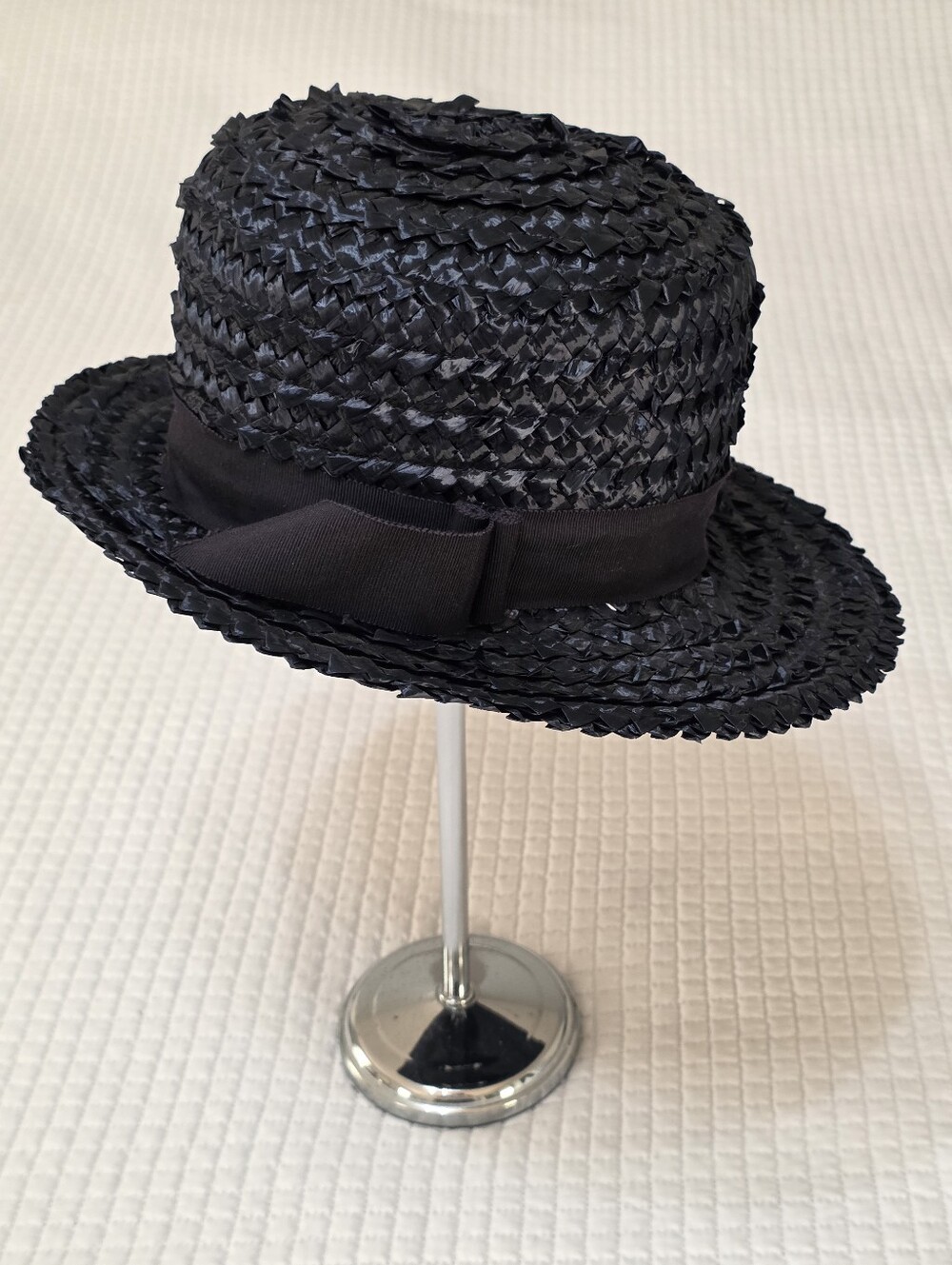 Navy Women's Straw Fedora Hat with Navy Ribbon Trim